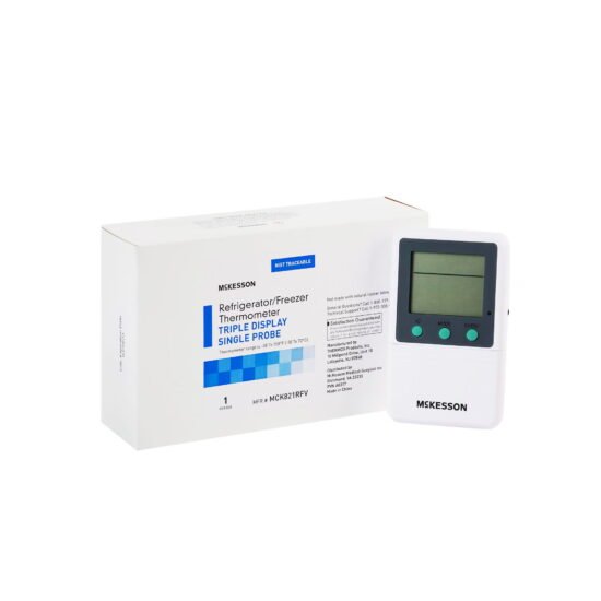 Digital Refrigerator / Freezer Thermometer with Alarm McKesson Fahrenheit / Celsius -58° to +158°F (-50° to +70°C) Glycol Bottle Probe Multiple Mounting Options Battery Operated 1074438 - MCK821RFV 1074438 – MCK821RFV