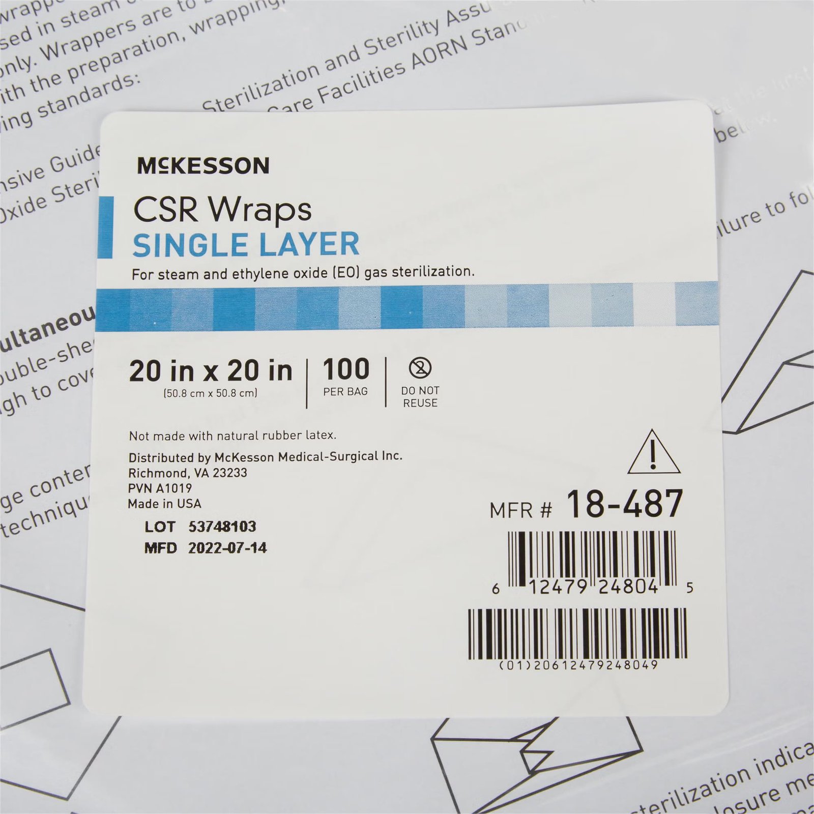 McKesson Sterilization Wrap Blue 20 X 20 Inch Single Layer Cellulose Steam / EO Gas 1156125 - 18-487 1156125 – 18-487 - Image 4
