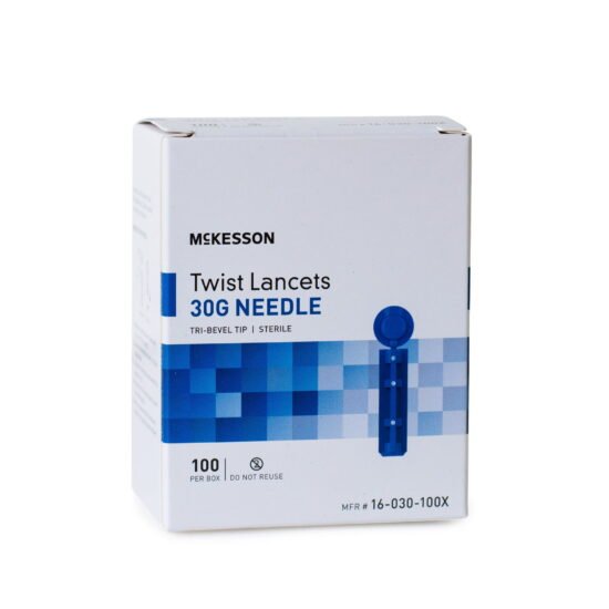 Lancet McKesson Safety Lancet Needle 1.8 mm Depth 30 Gauge Push Button Activation 1217979 - 16-030-100X 1217979 – 16-030-100X