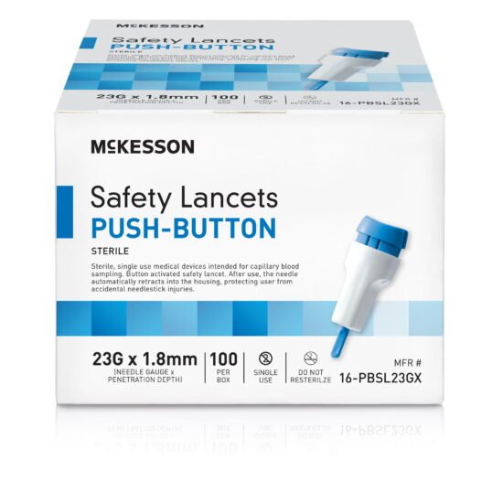 Lancet McKesson Fixed Depth Lancet Needle 1.8 mm Depth 23 Gauge Push Button Activation 1217990 - 16-PBSL23GX 1217990 – 16-PBSL23GX
