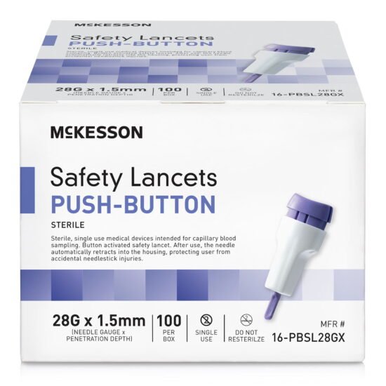 Lancet McKesson Fixed Depth Lancet Needle 1.5 mm Depth 28 Gauge Push Button Activation 1217991 - 16-PBSL28GX 1217991 – 16-PBSL28GX