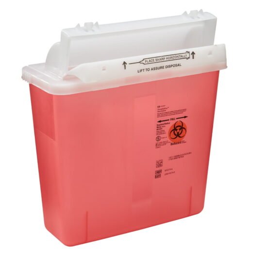 Sharps Container SharpStar™ In-Room™ 12-1/2 H X 5-1/2 D X 10-3/4 W Inch 1.25 Gallon Translucent Red Base / Translucent Lid Horizontal Entry Counter Balanced Door Lid 344297 - 8507SA 344297 – 8507SA